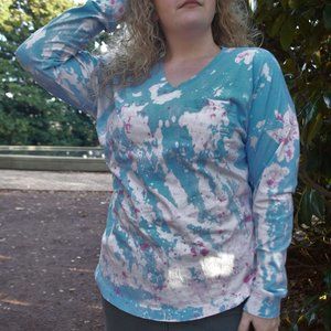Long-Sleeve Light Blue & Pink Bleach/Tie-Dye T-Shirt